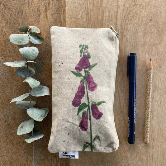 Estuche de tela de algodón con diseño a la acuarela flor dedalera fucsia