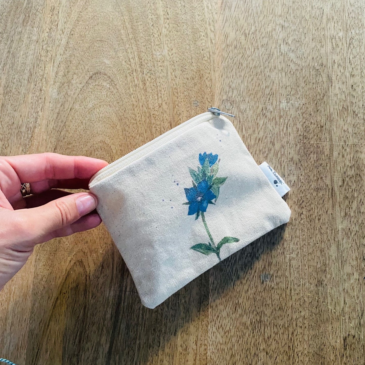 Monedero de tela de algodón con diseño de acuarela flor azul de muraje